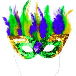 Sequin Mardi Gras Masks with Bright Feathers-12Pk